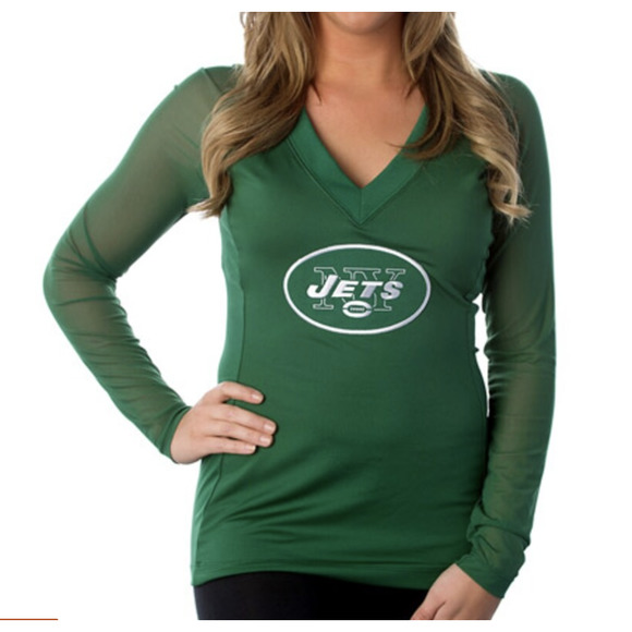 NEW YORK JETS Womens L Mesh Sleeve V-Neck Halter Padded Bra Game Day Shirt Top - Picture 2 of 5